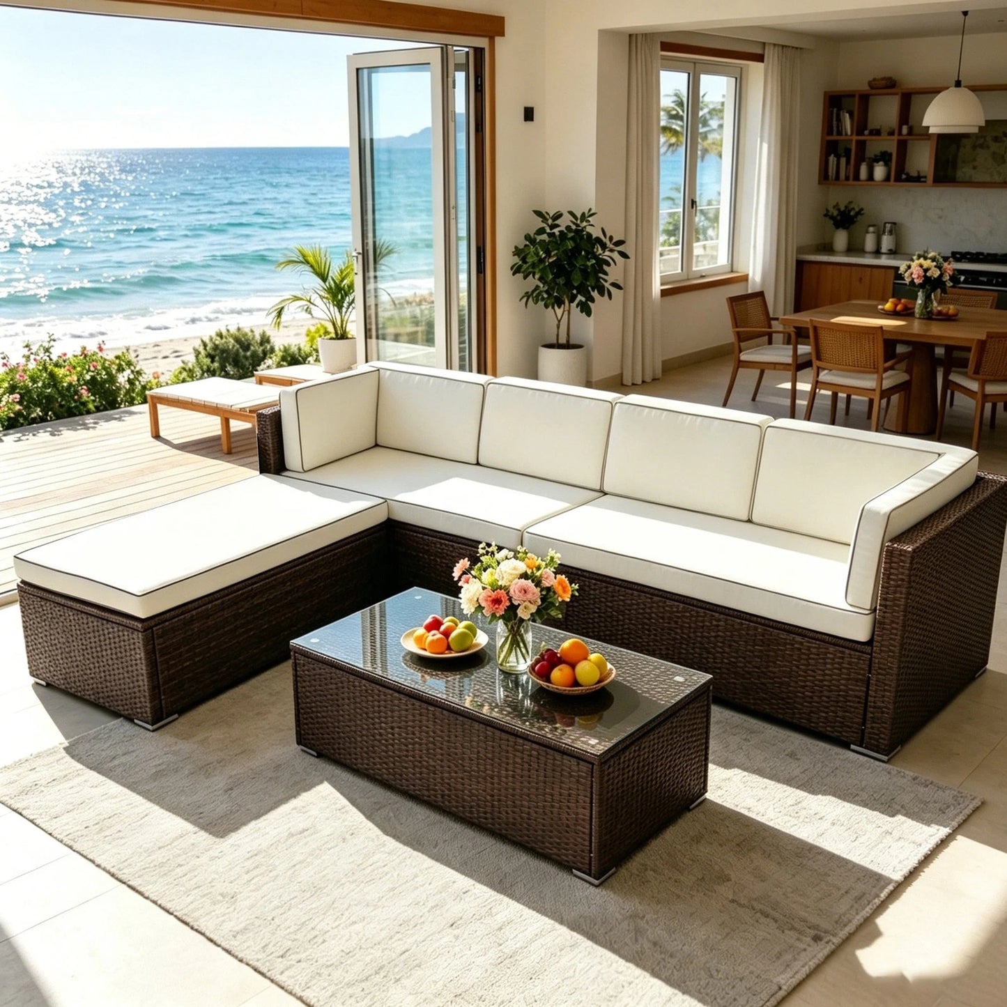 6 Seater Rattan Garden Furniture Corner Sofa L-Shape Set In/Outdoor with Cushion