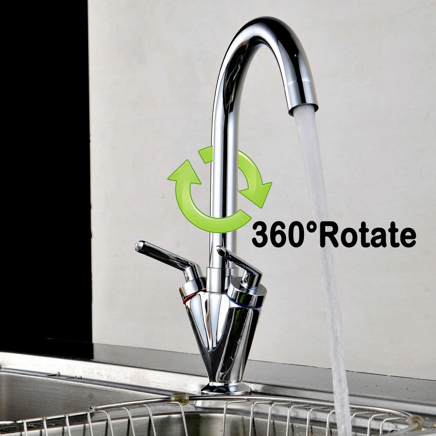 Modern Kitchen Sink Mixer Taps Swivel Spout Dual Lever Tap Mono Chrome Faucet UK