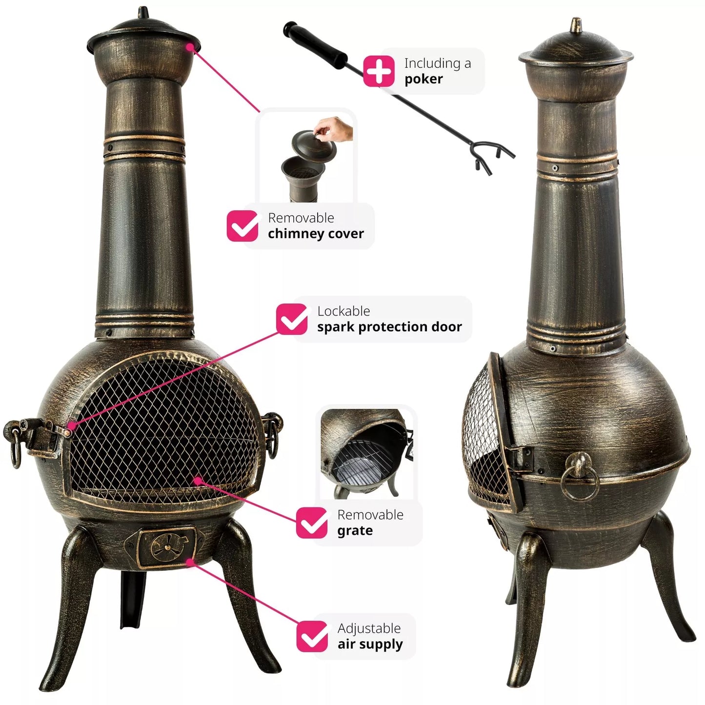 Chimenea Cast Iron Garden Heater BBQ Fire Pit Grill Large Fireplace Barbecue