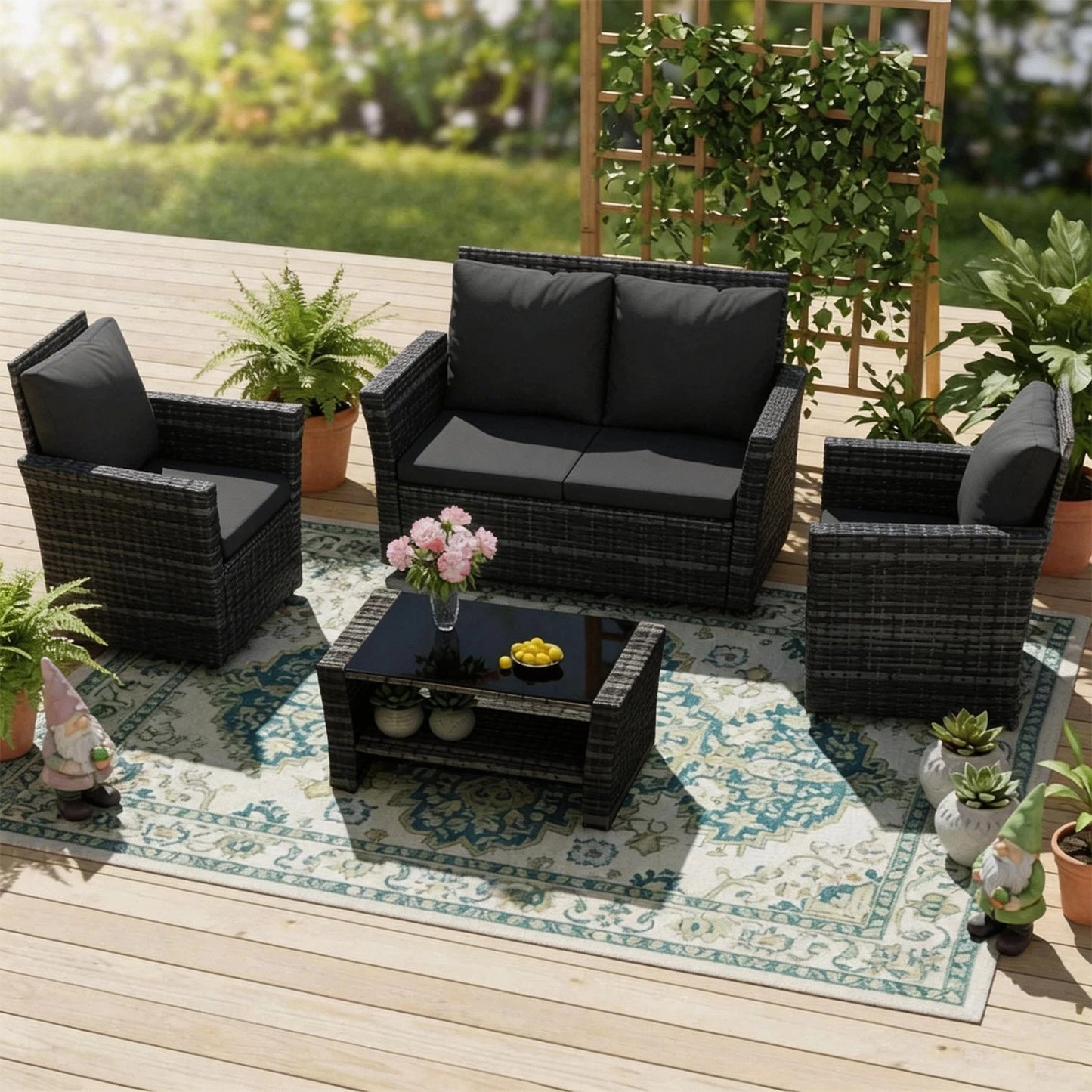 Rattan Garden Furniture Sofa Set Table 2 Arms Chairs & 2 Seater with Table