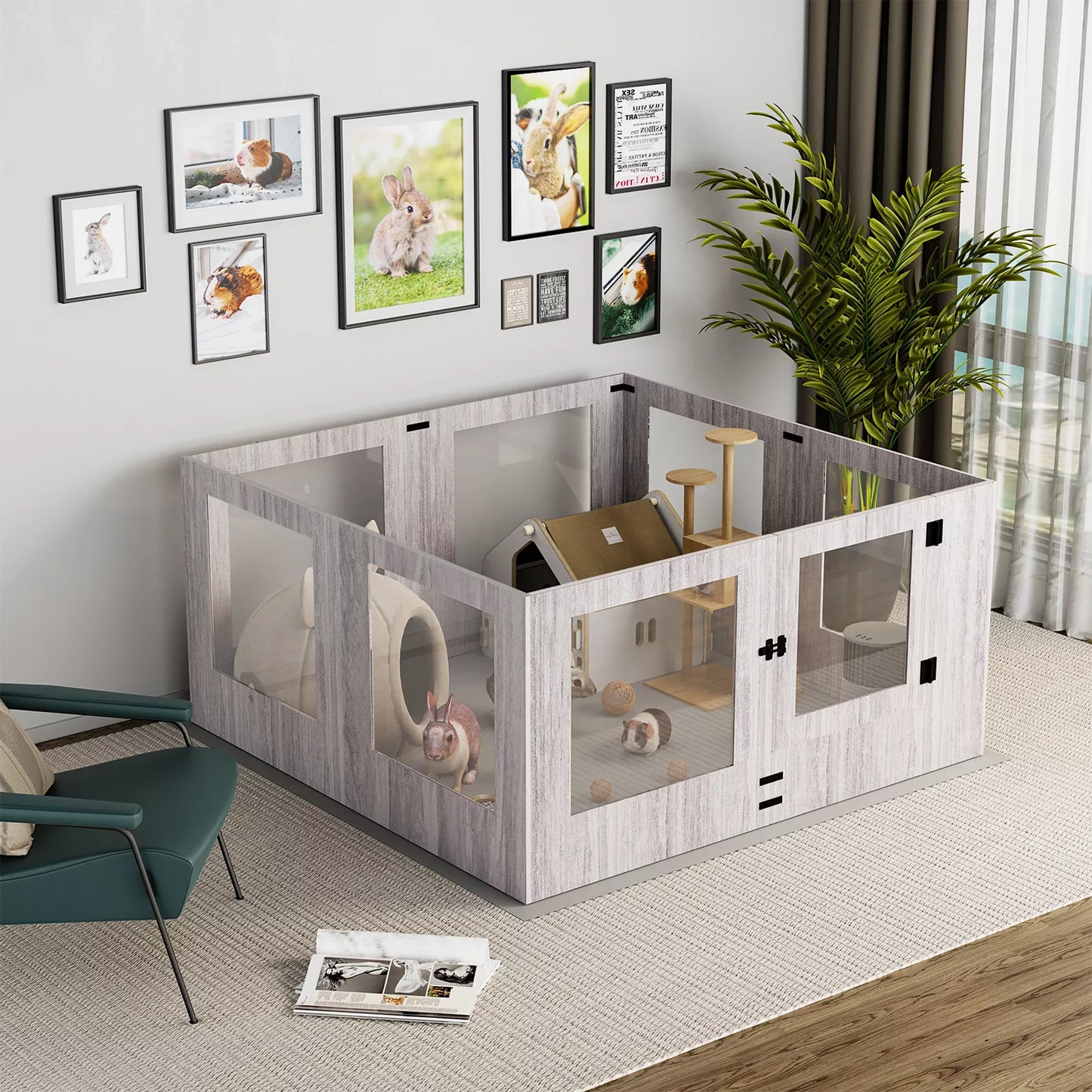 Wooden Dog Whelping Box Pet Puppy Playpen with Waterproof Fertility Pad