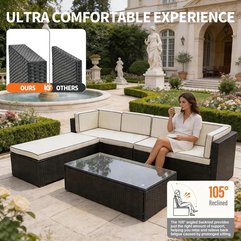 6 Seater Rattan Garden Furniture Corner Sofa L-Shape Set In/Outdoor with Cushion