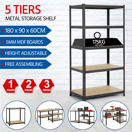 Black Garage Shelving Unit Heavy Duty Metal Shed Storage Shelves Boltless Shelf Rack 180cm x 90cm x 60cm